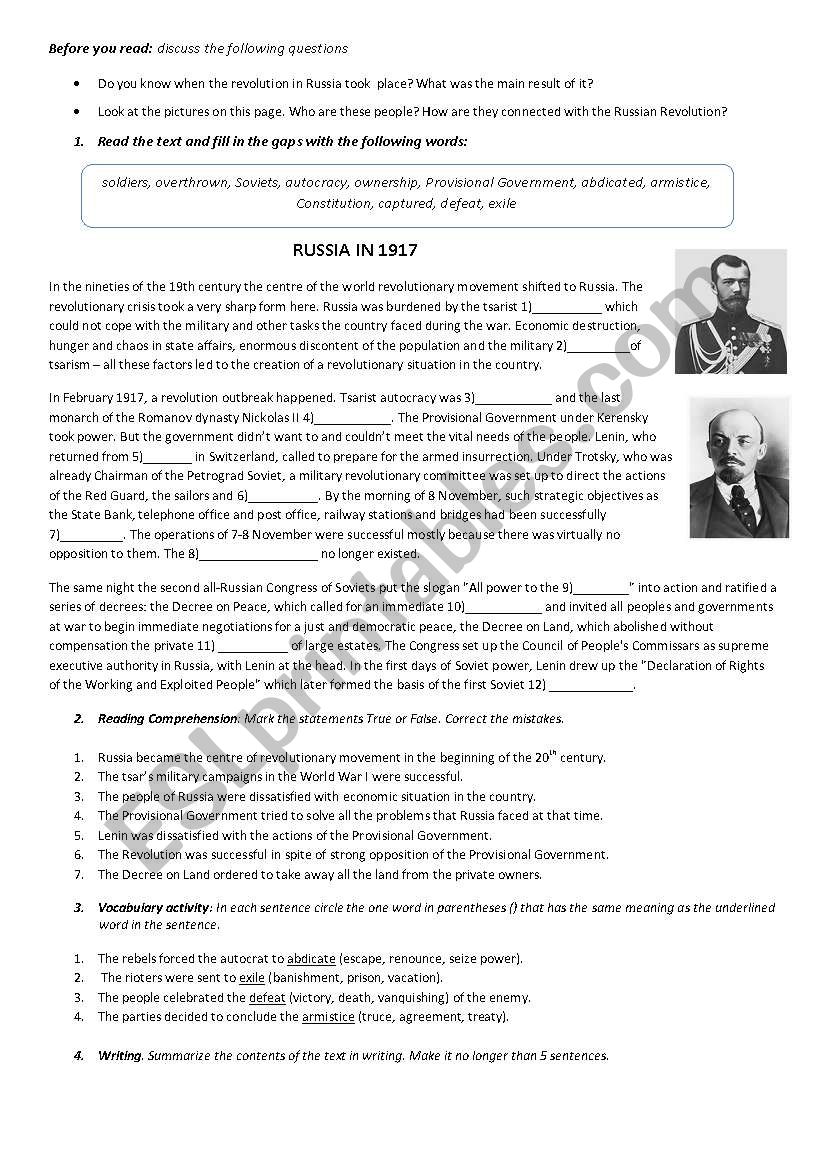 Revolution in Russia  worksheet