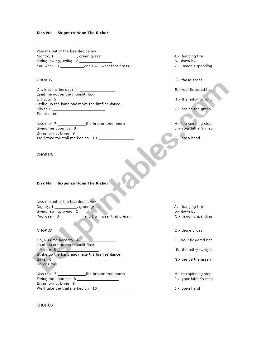 kiss me worksheet