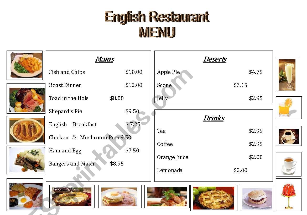 English restaurant menu worksheet