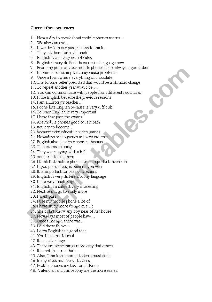 Correct These Sentences ESL Worksheet By Mariajosefuster