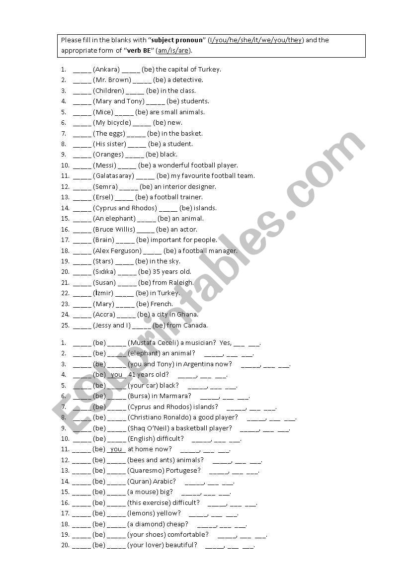 Subject Pronouns and Verb BE worksheet