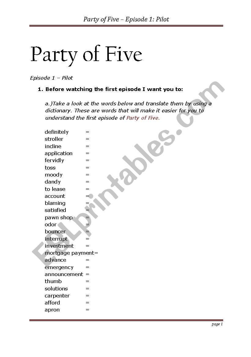 Party of Five - episode one worksheet