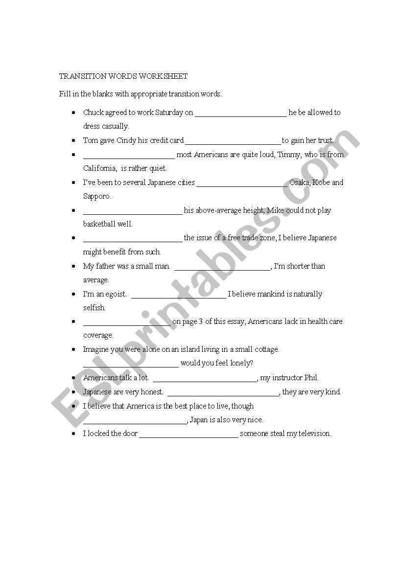 transition words cloze exercise