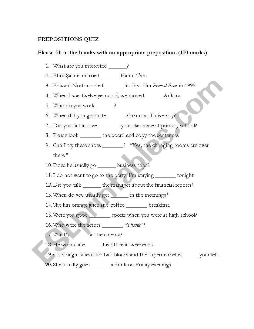 PREPOSITIONS QUIZ worksheet