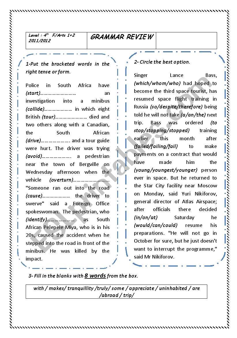 Grammar revision for 4th form/Arts in Tunisia