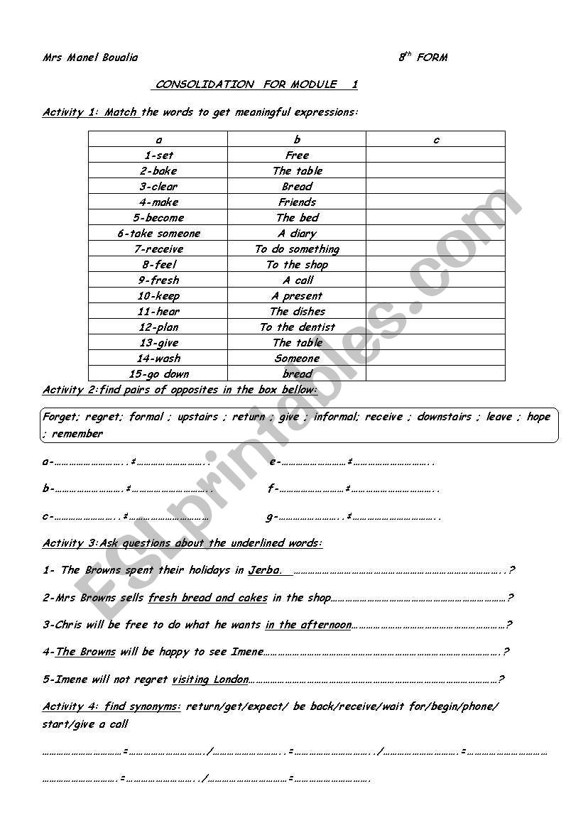 CONSOLIDATION FOR MODULE 1  8TH FORM