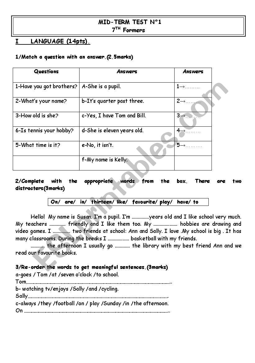 mid term test 1 /7th formers worksheet