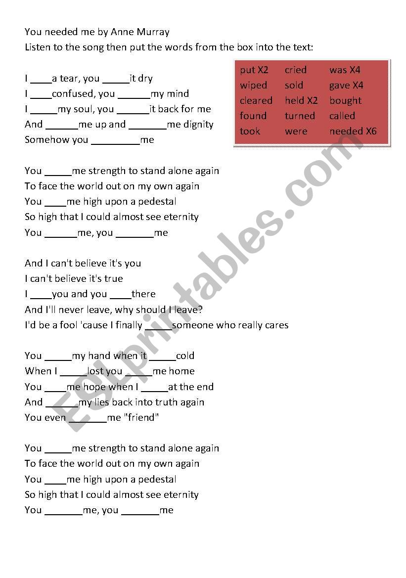 You needed me worksheet