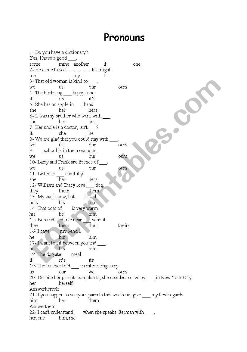 pronouns worksheet