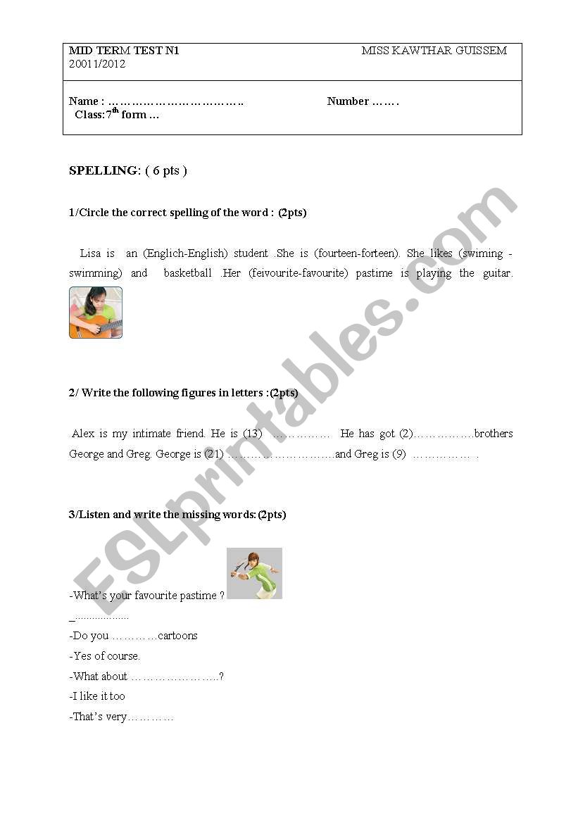  Mid -term test n 1 worksheet