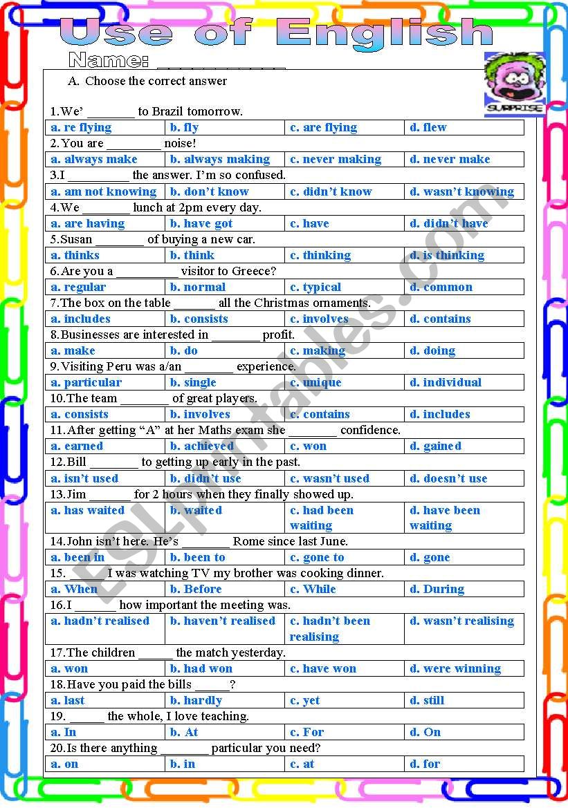 Use of  English worksheet