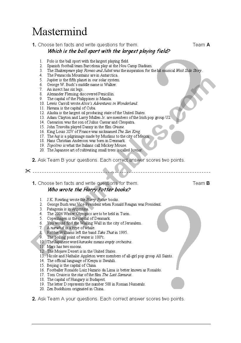 Mastermind quiz worksheet