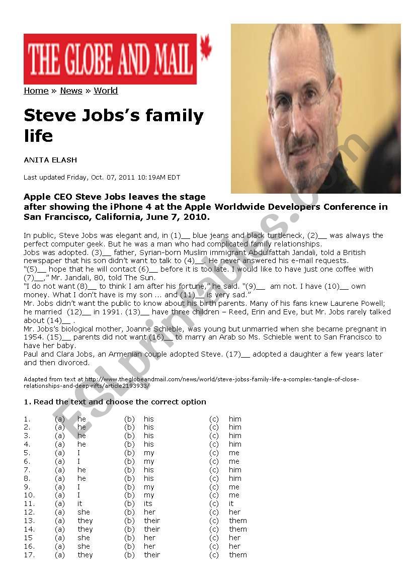 Steve Jobs Family Life  worksheet