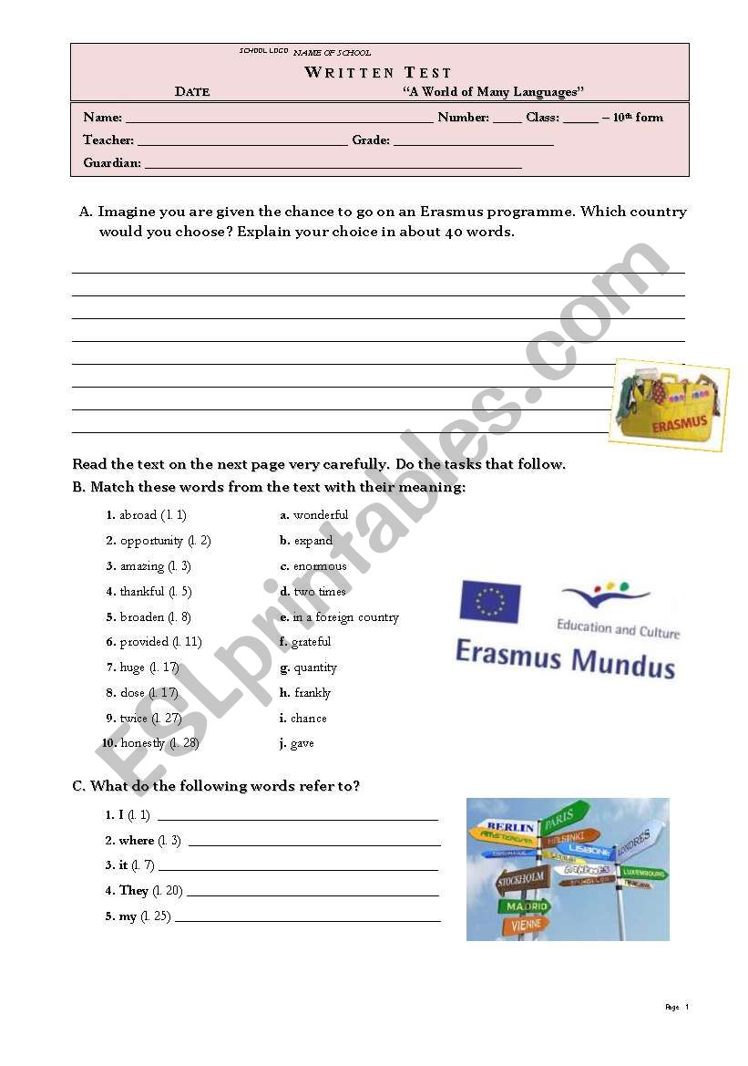 TEST - 10th grade ERASMUS EXCHANGE PROGRAMME (key included)