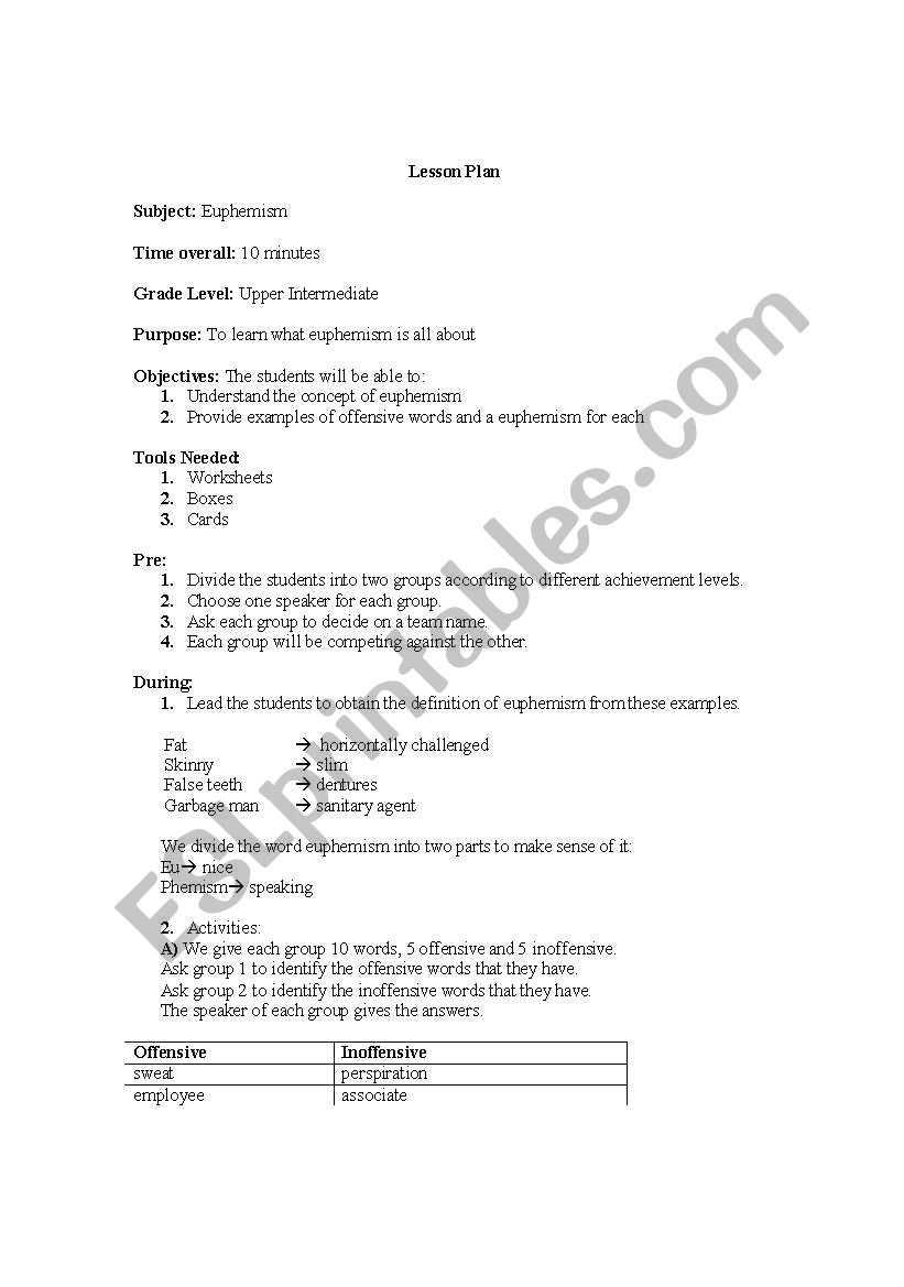 Euphemism worksheet