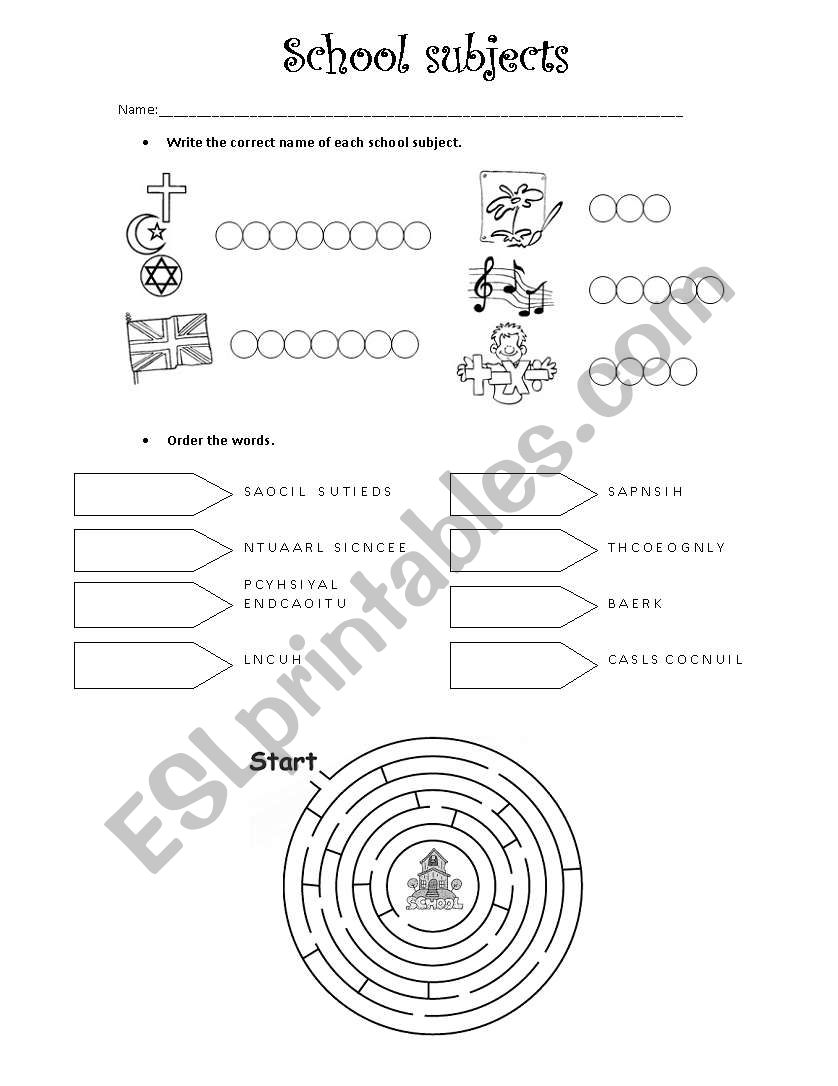 School subjects worksheet