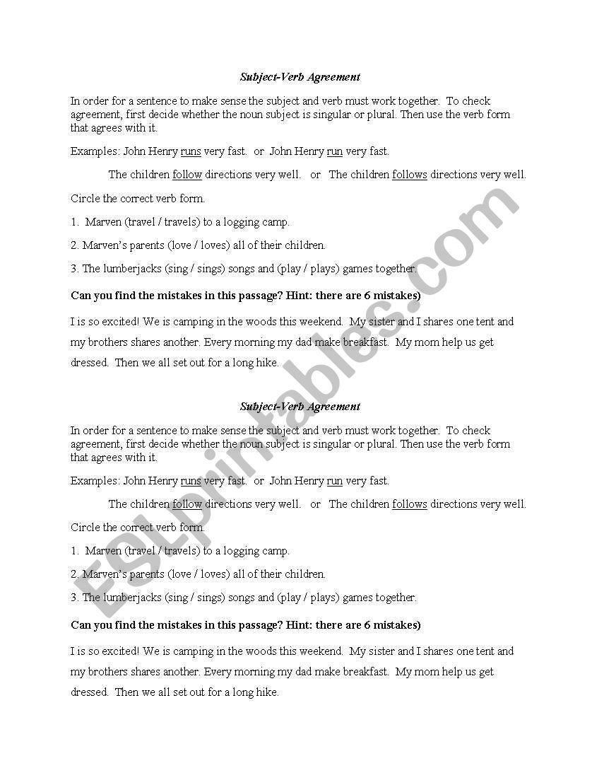 Subject Verb Agreement worksheet