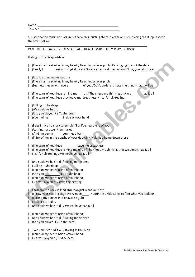 Rolling in the Deep - Adele worksheet