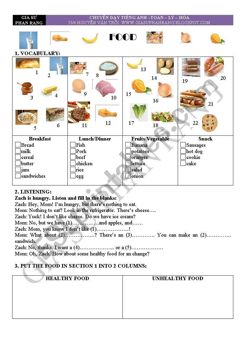 Food Topic worksheet