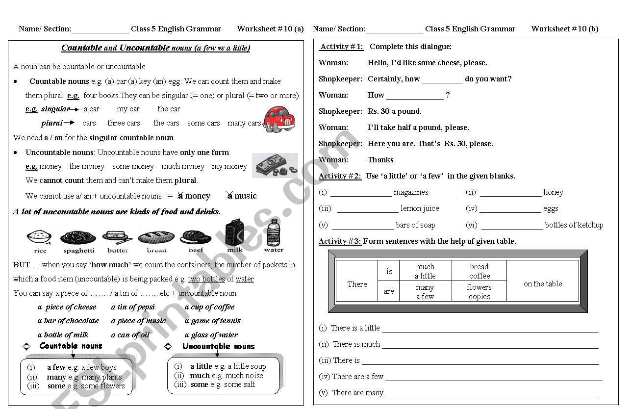 uncoutable nouns worksheet