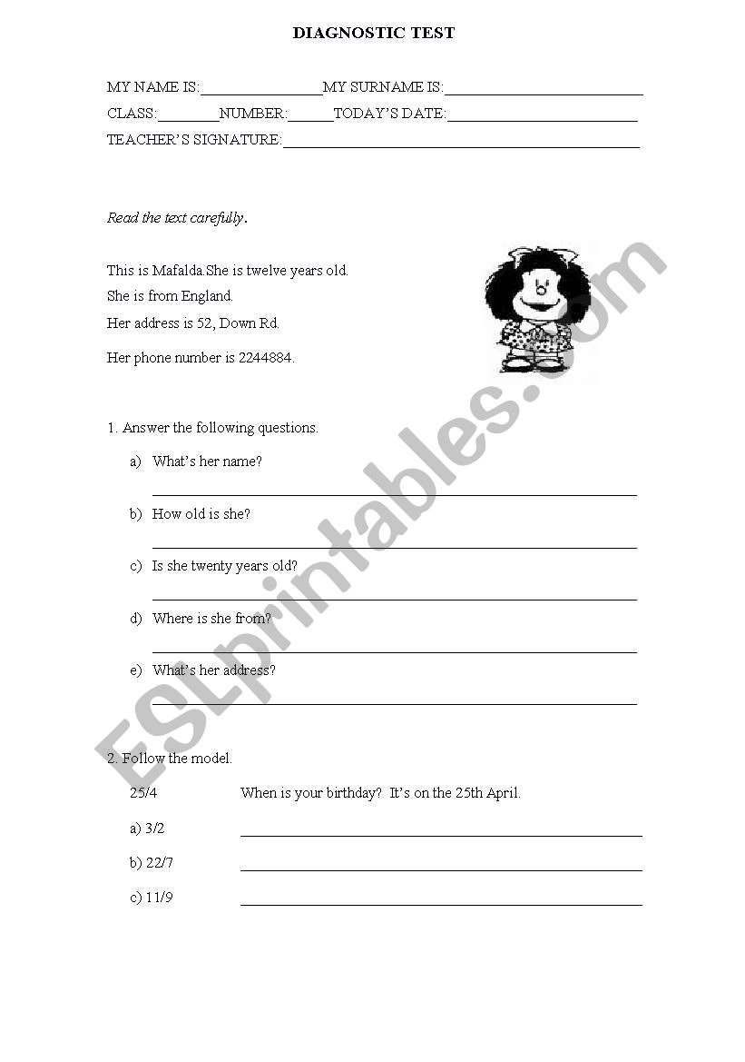 diagnostic test worksheet