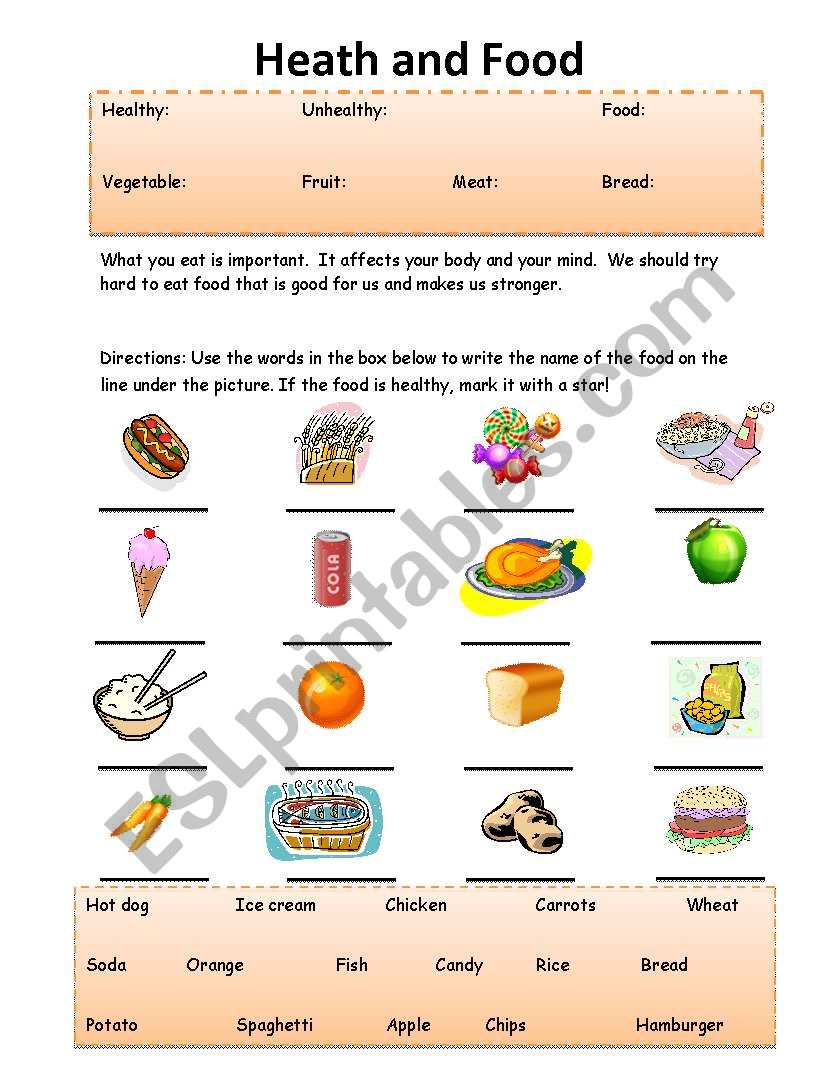 Health and Food worksheet