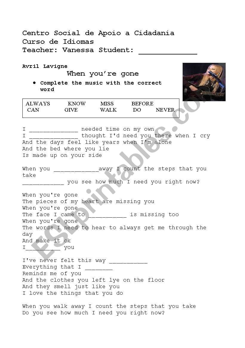 Avril Lavigne -Song worksheet