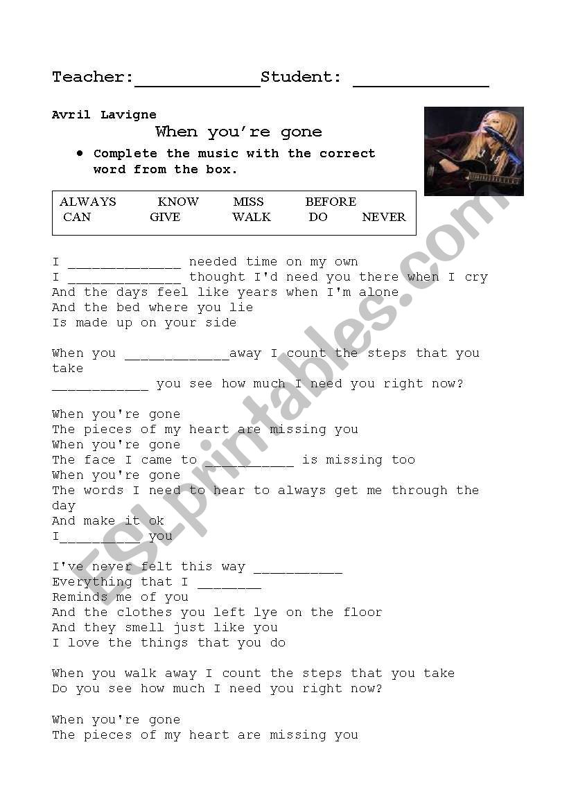 AVRIL LAVIGNE-SONG worksheet