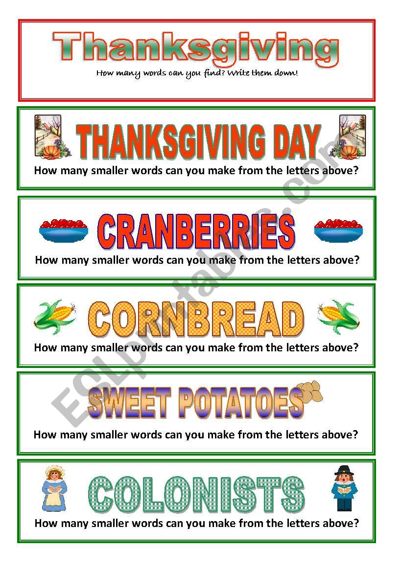 Thanksgiving: How many smaller words can you make? (3 pages)