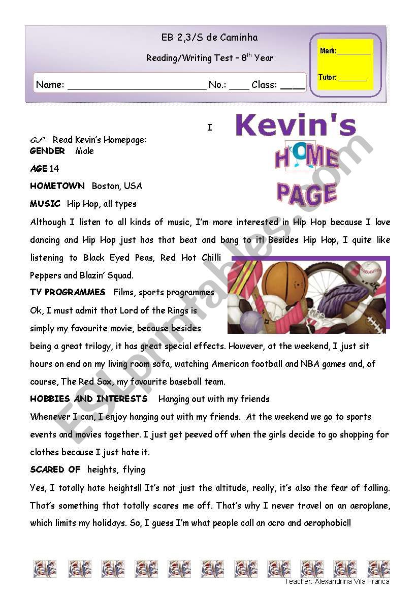 Test - Kevins Homepage worksheet