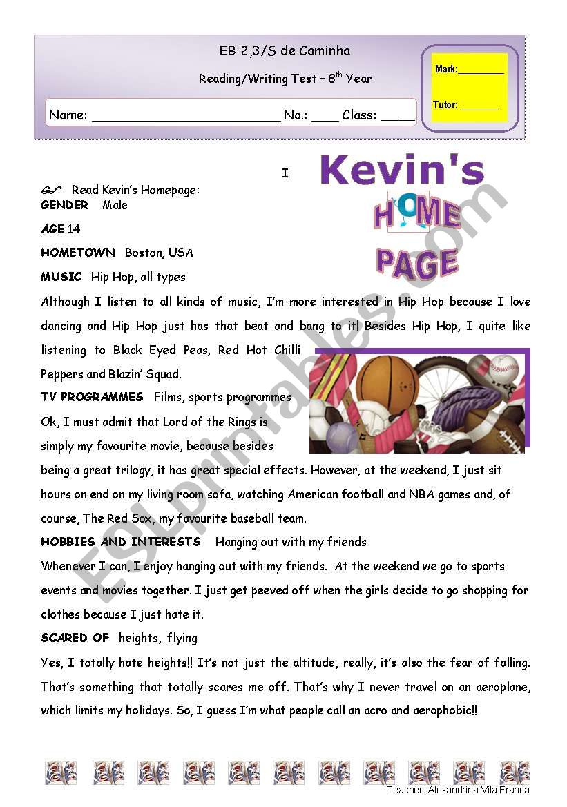 Test - Kevins Homepage worksheet