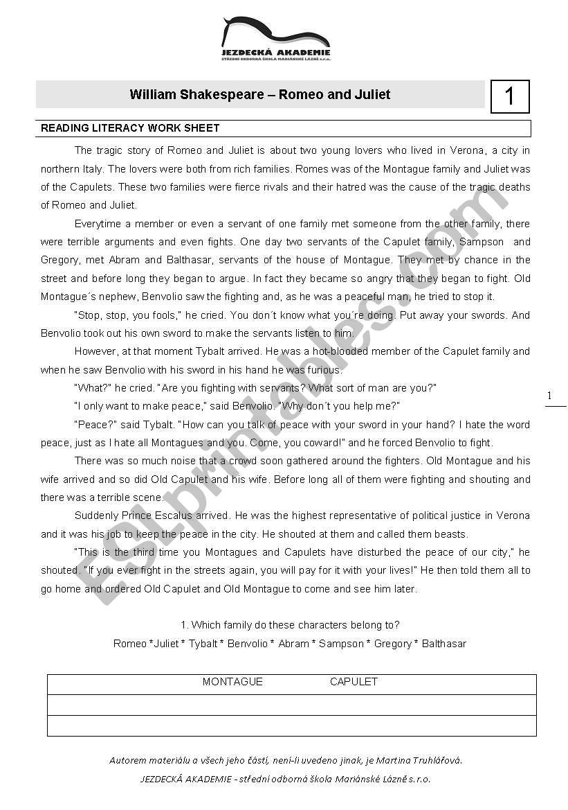 Romeo and Juliet worksheet worksheet