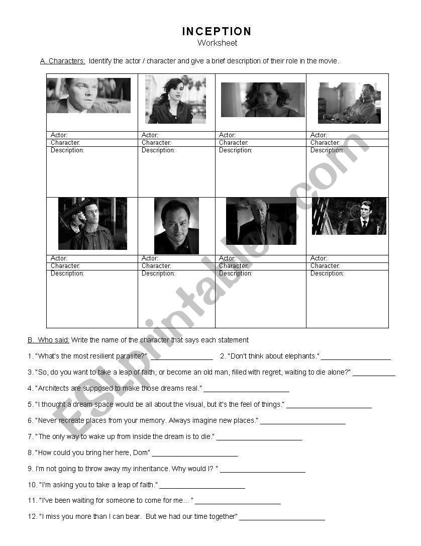 Inception Worksheet worksheet