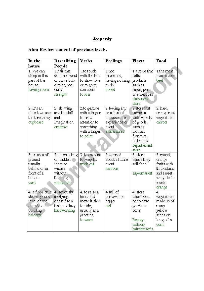 Jeopardy Game worksheet