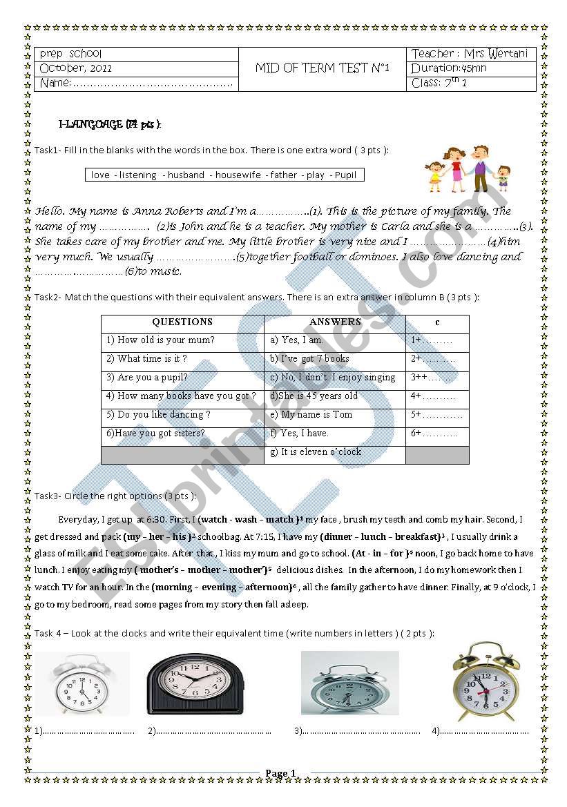 7th form mid term exam 1  worksheet