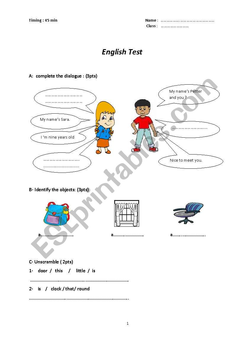 Test for beginners worksheet