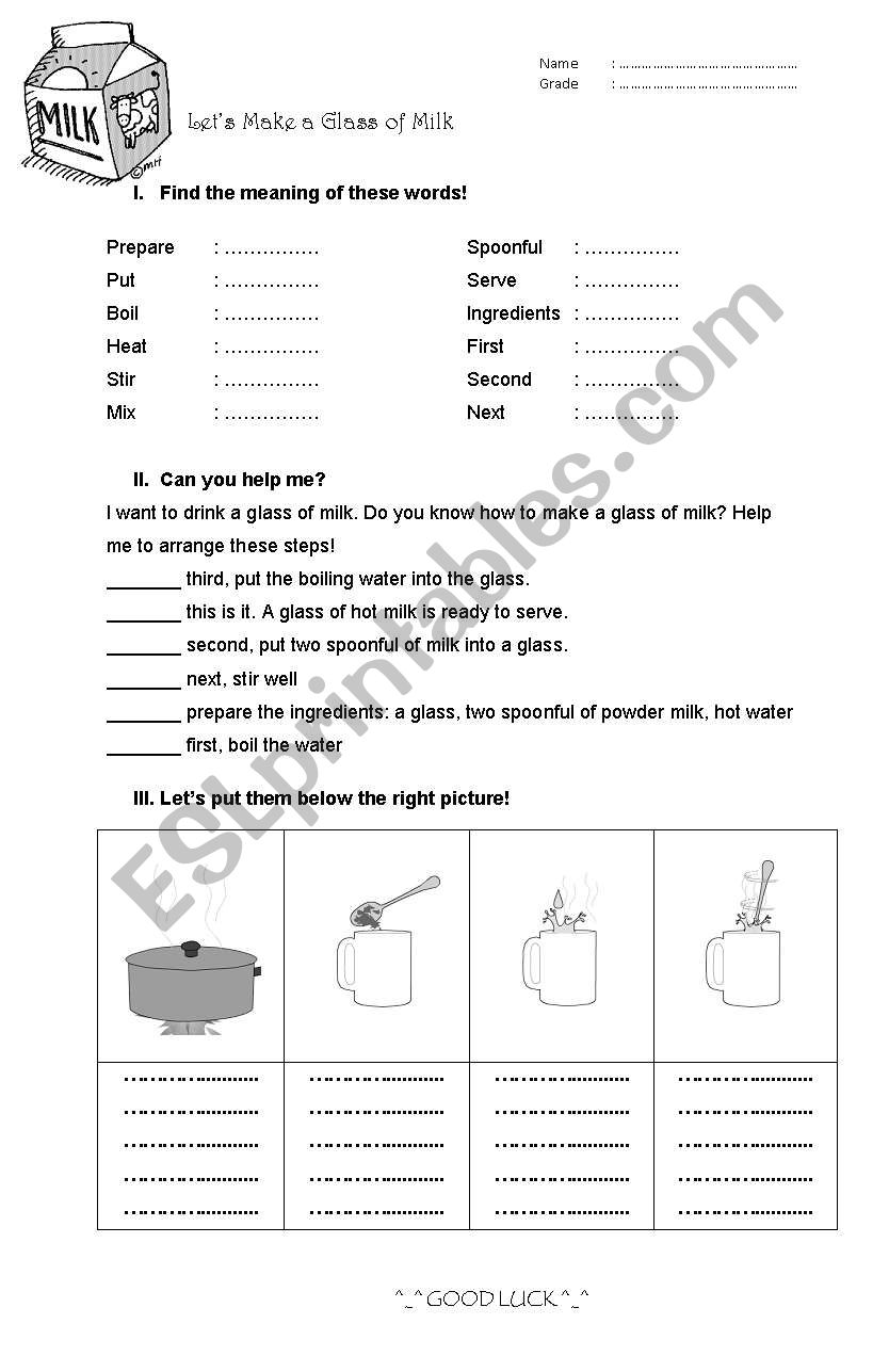 how to make a glass of milk worksheet