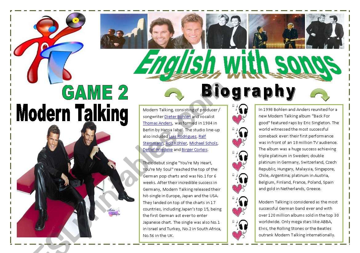 ENGLISH WITH SONGS #8# - PART # 2 of 2 - YOUÂ´RE MY HEART, YOUÂ´RE MY SOUL   - MODERN TALKING With lyrics, instructions and a GAME