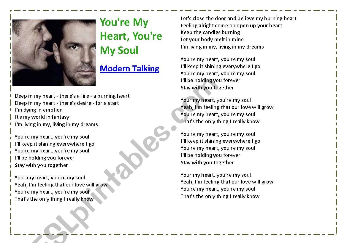 English With Songs 8 Part 2 Of 2 You Re My Heart You Re My Soul Modern Talking With Lyrics Instructions And A Game Esl Worksheet By Starrr