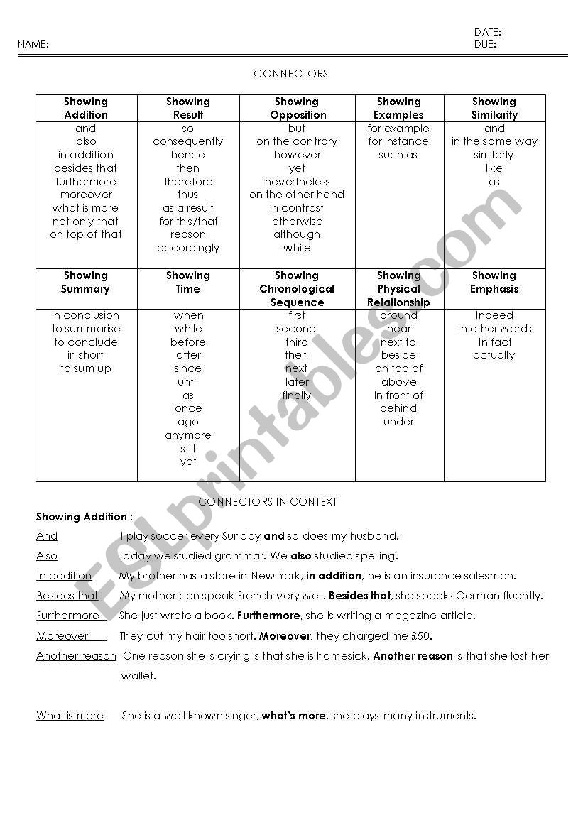 Connectors worksheet