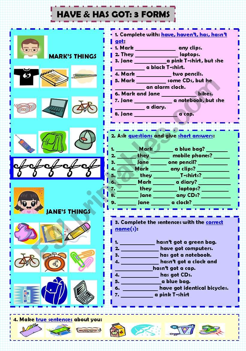 Have & has got:: 3 forms worksheet