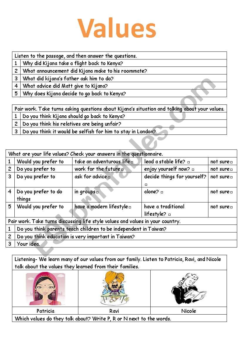 value education worksheet for class 4