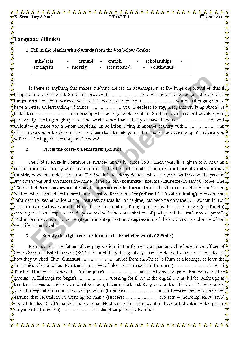 Language and writing tasks for 4th year Tunisian students (with keys)