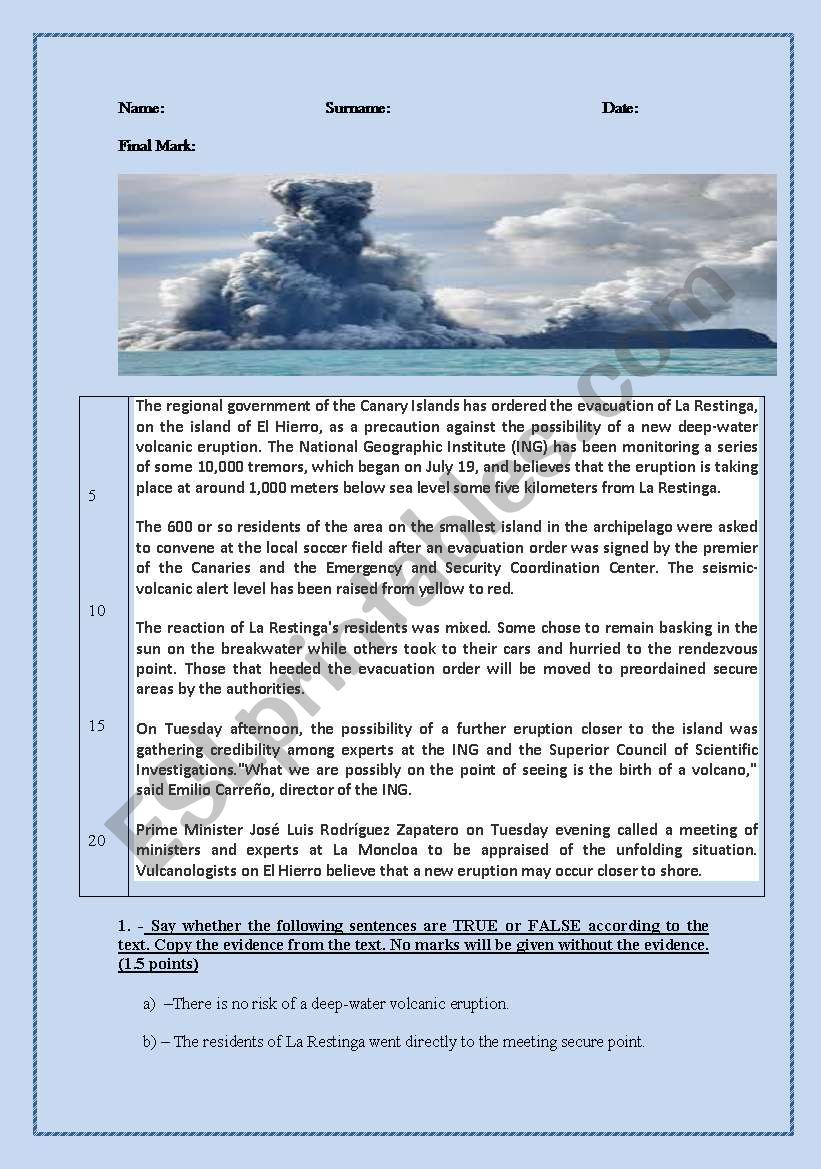 El Hierro volcano worksheet