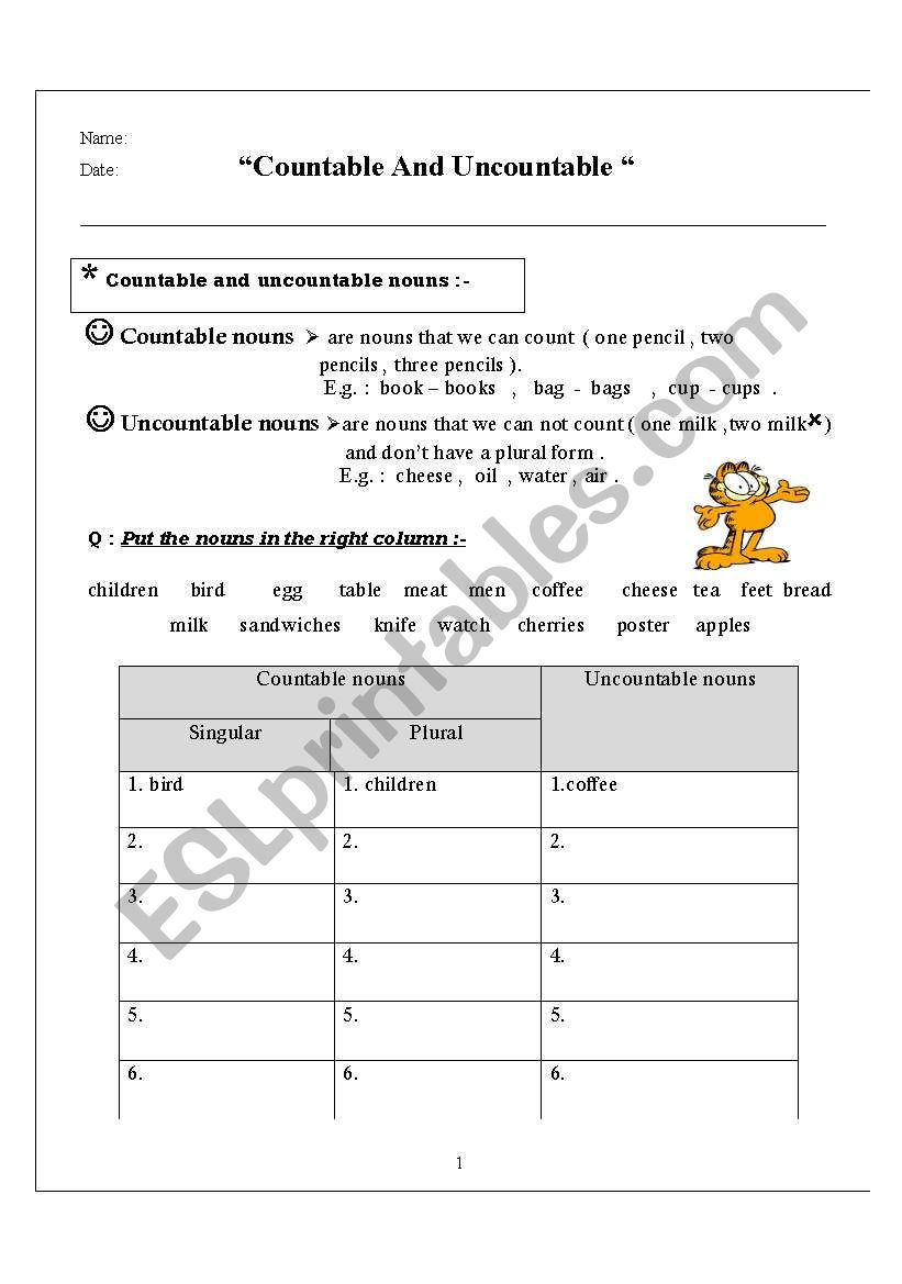 countable & uncountable nouns worksheet