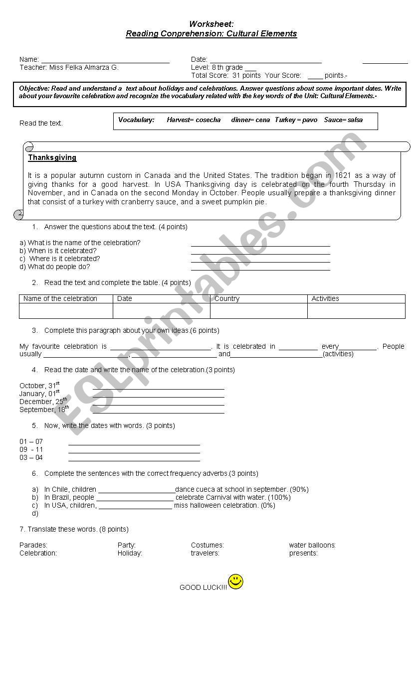 Worksheet: reading comprehension cultural elements