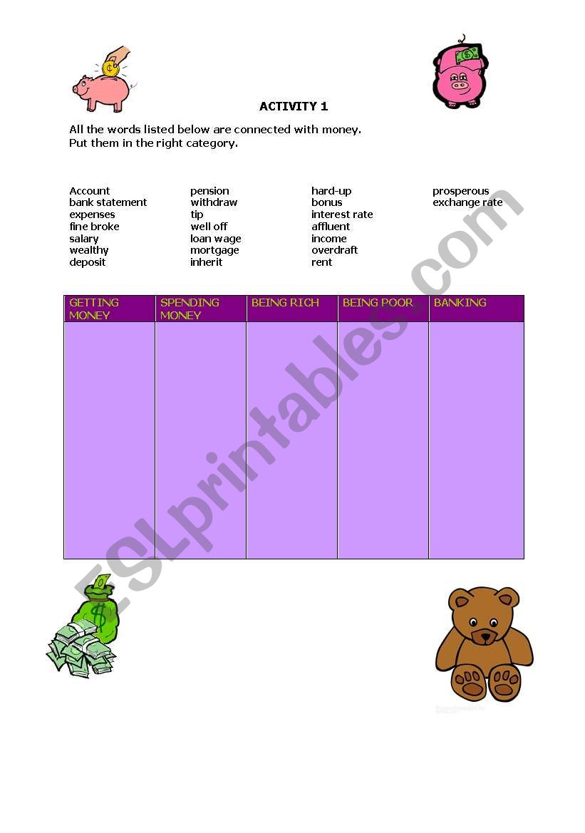 Money words worksheet