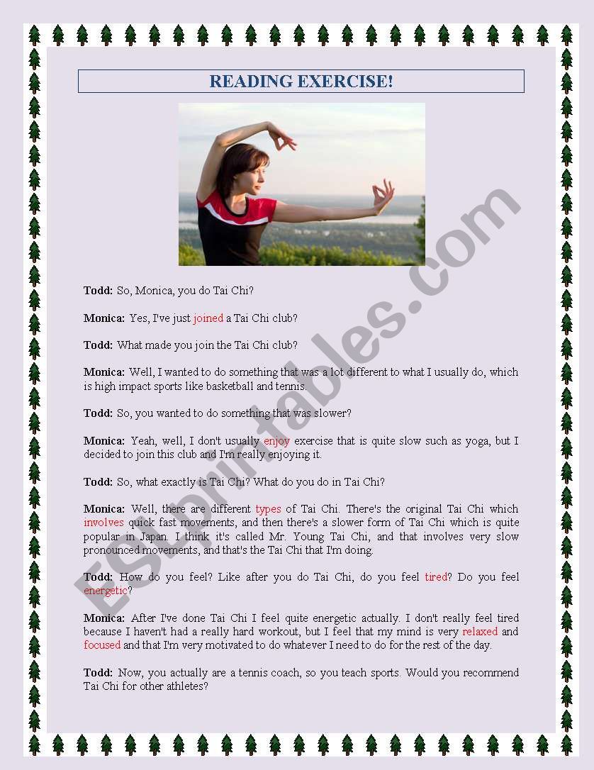 Tai Chi - Reading exercise worksheet