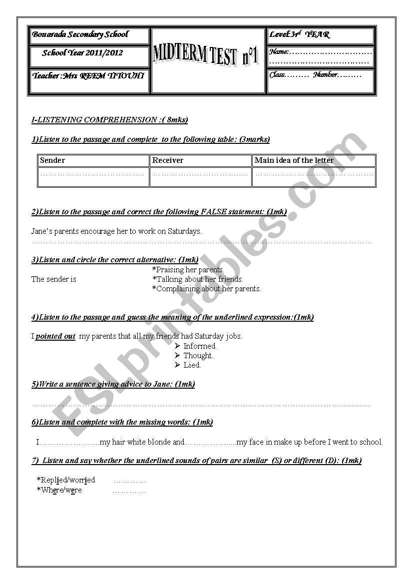 aletter of complaint :jane complaining about her parents midterm test for 3rd year tunisian pupils