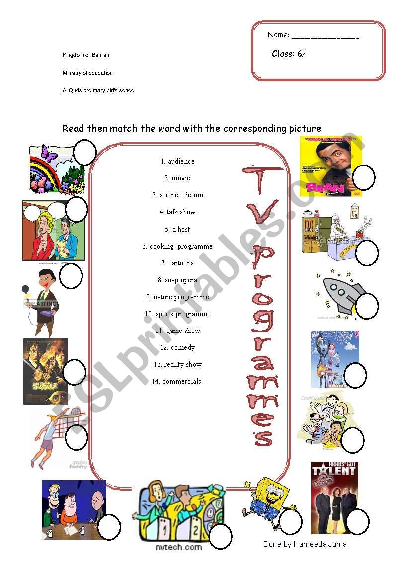 types of TV programmes worksheet